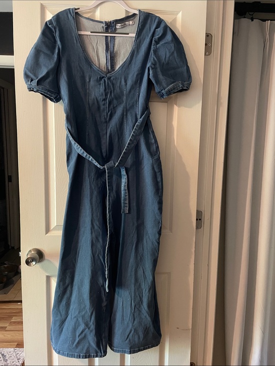 Highway Jeans Pants - Highway Jeans Blue Puff-Sleeve Midi Dress with Self Tie